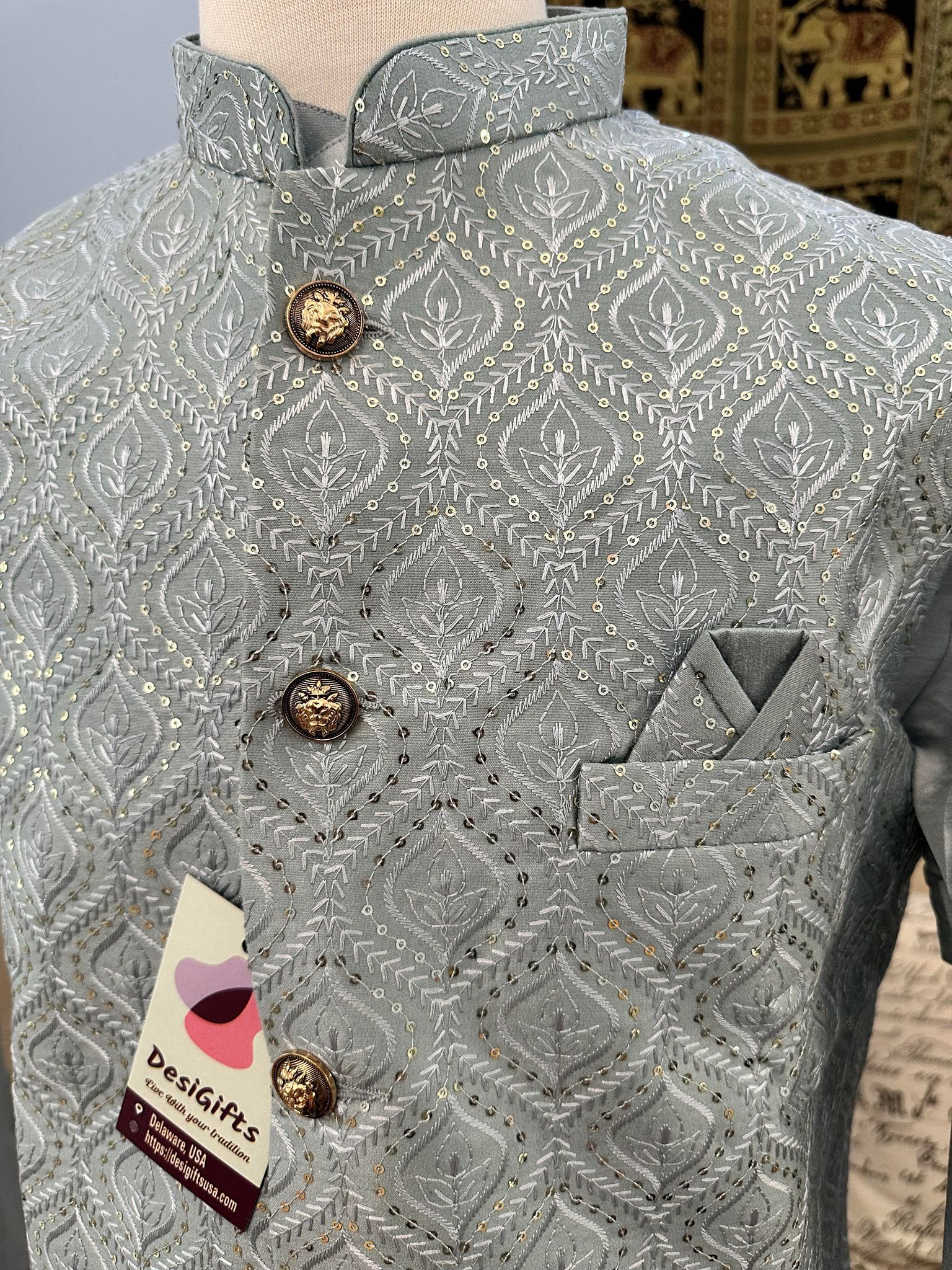 Everlasting Gray 3 Piece Kurta Pajama Jacket, Pant Style, with Stylish Jacket Set-Silk Design, KPJ-1261