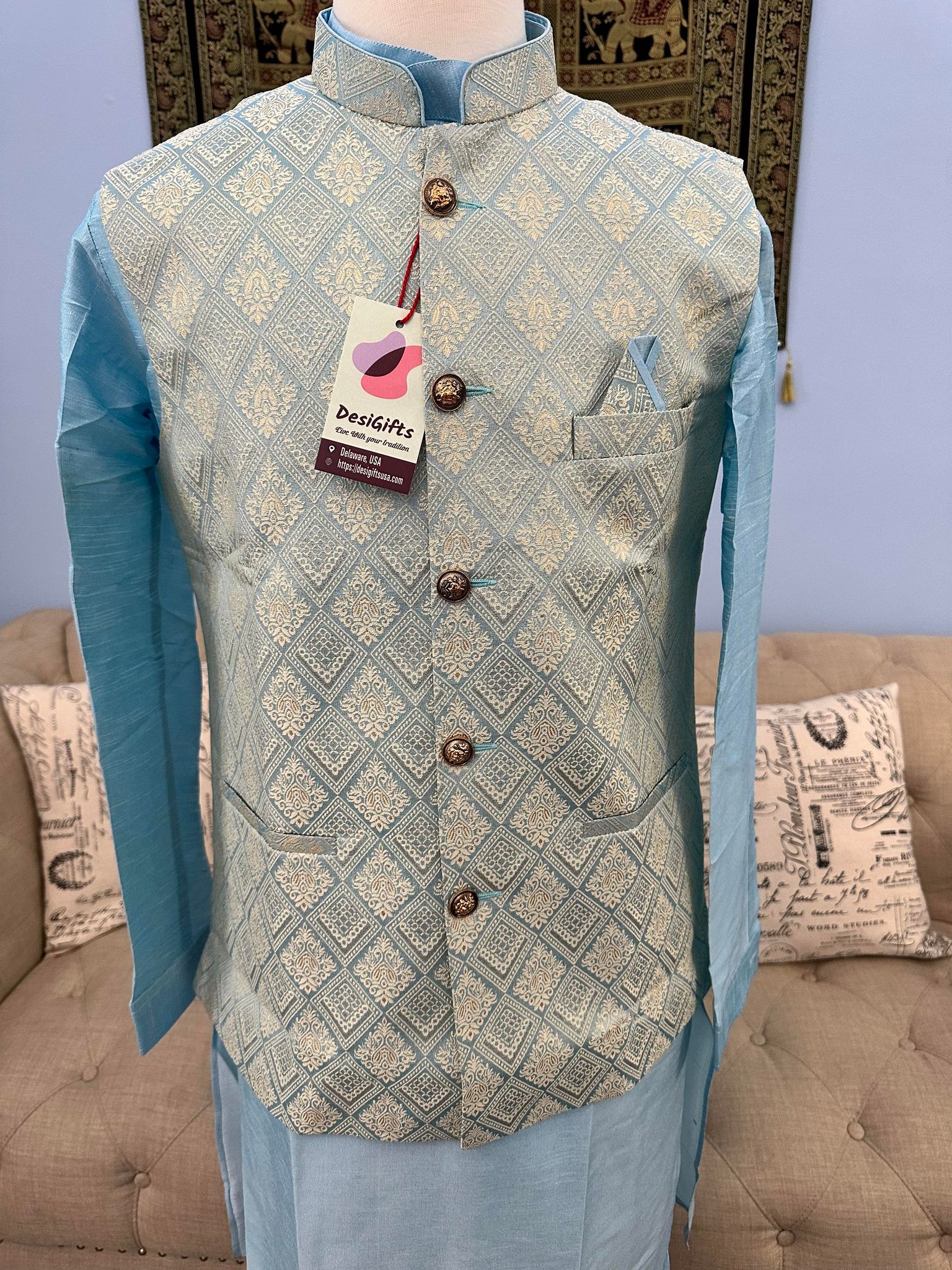 Elegant Skyblue 3 Piece Kurta Pajama Jacket, Pant Style, with Stylish Jacket Set-Silk Design, KPJ-1263