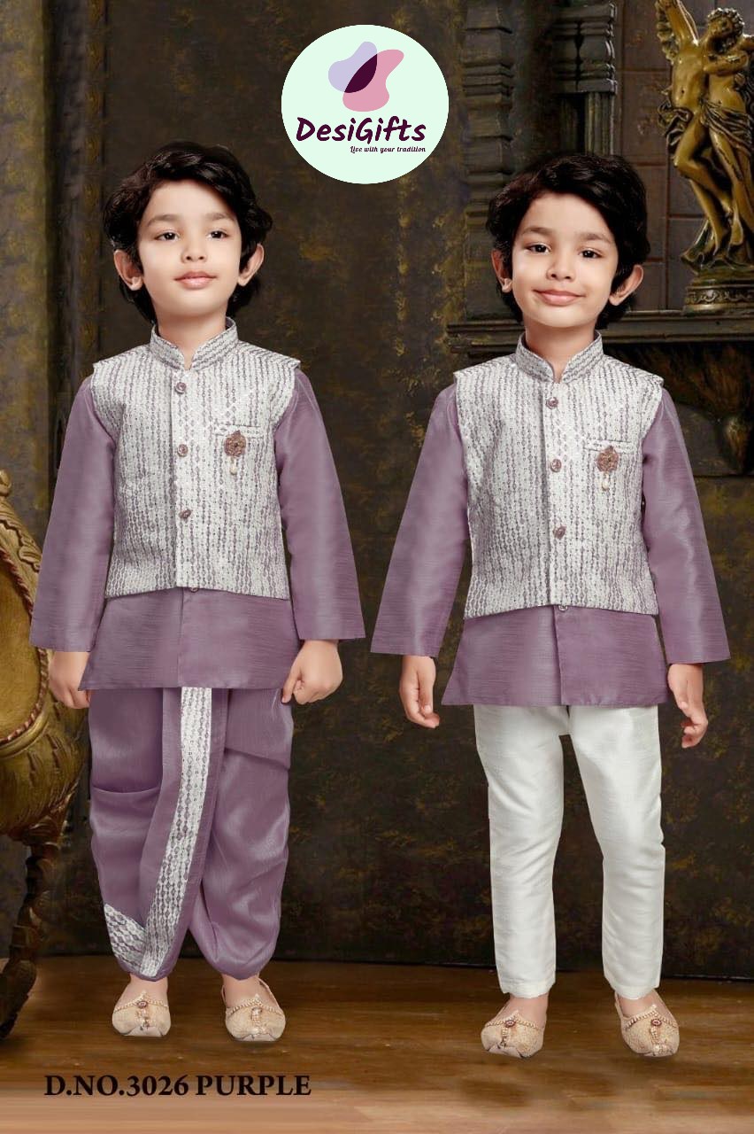 4 Piece Boy's Cotton Silk Dress with Jacket, Dhoti and Pajama, Heather Shade- Design B-1278