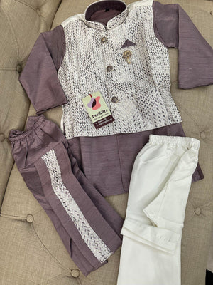 4 Piece Boy's Cotton Silk Dress with Jacket, Dhoti and Pajama, Heather Shade- Design B-1278