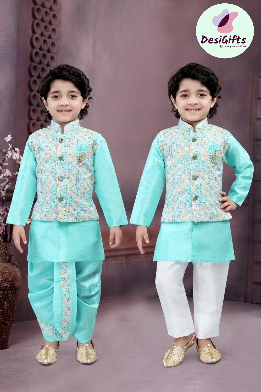 Turquoise Shade 4 Piece Boy's Cotton Silk Dress with Jacket, Dhoti and Pajama- Design B-1279