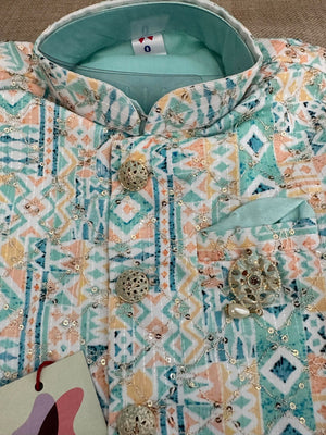 Turquoise Shade 4 Piece Boy's Cotton Silk Dress with Jacket, Dhoti and Pajama- Design B-1279