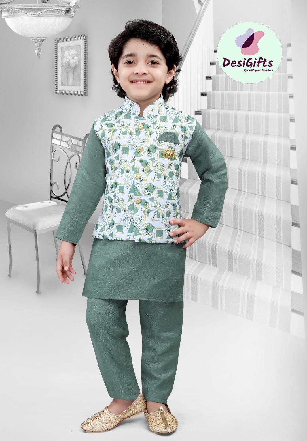 Olive Green Shade 3 Piece Boy's Cotton Silk Dress with Jacket, Dhoti and Pajama- Design B-1280