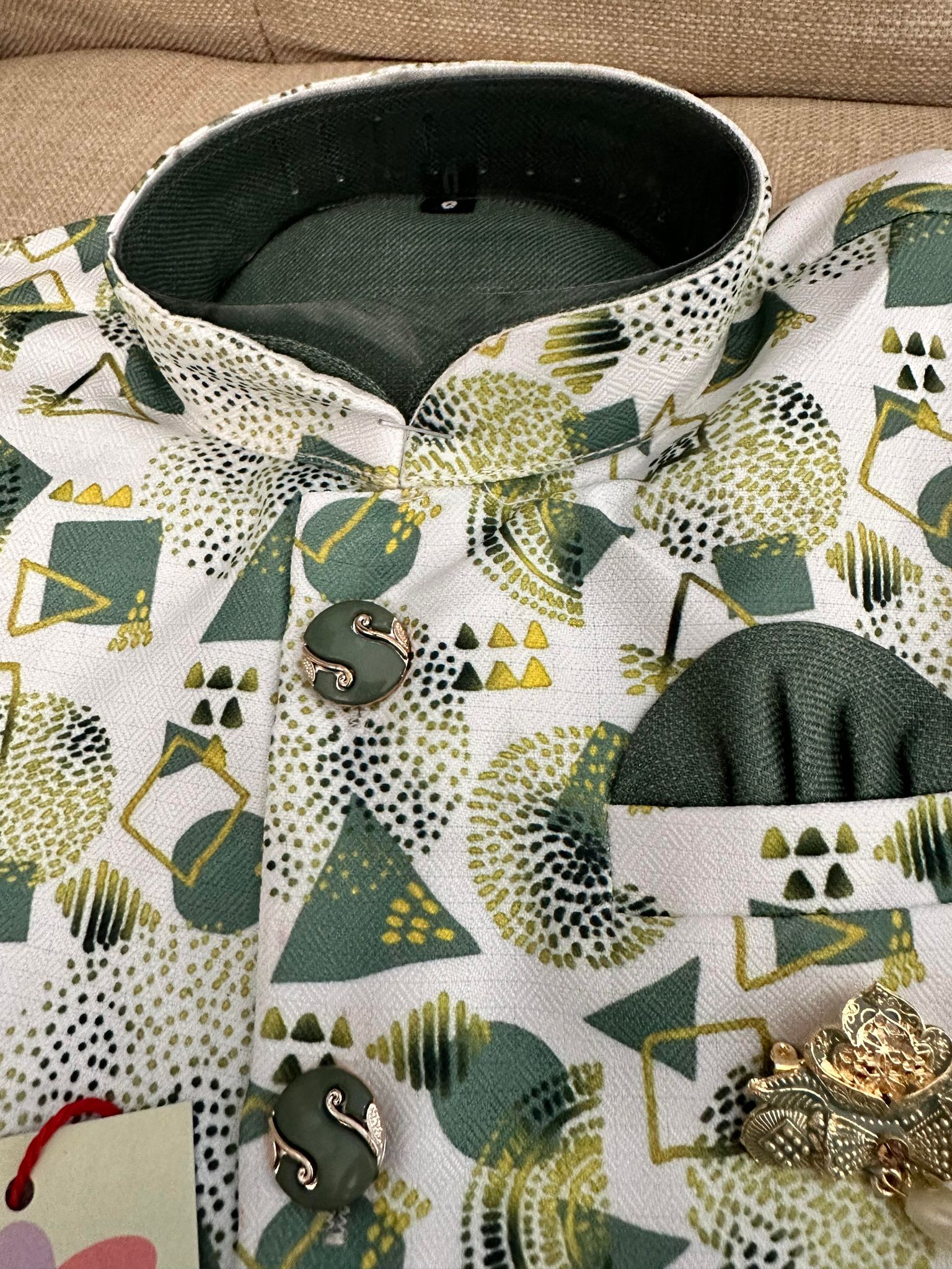 Olive Green Shade 3 Piece Boy's Cotton Silk Dress with Jacket, Dhoti and Pajama- Design B-1280