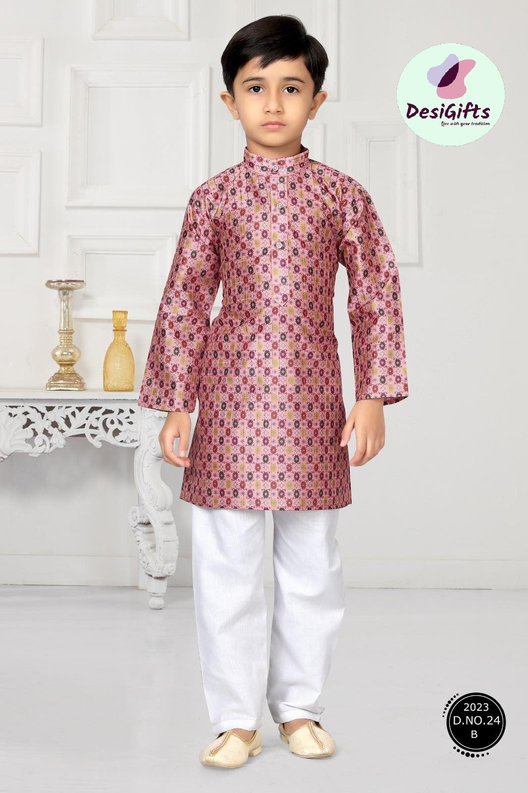 Flamingo Shade Boy's Cotton Silk Designer Dress - Design BOY-1283