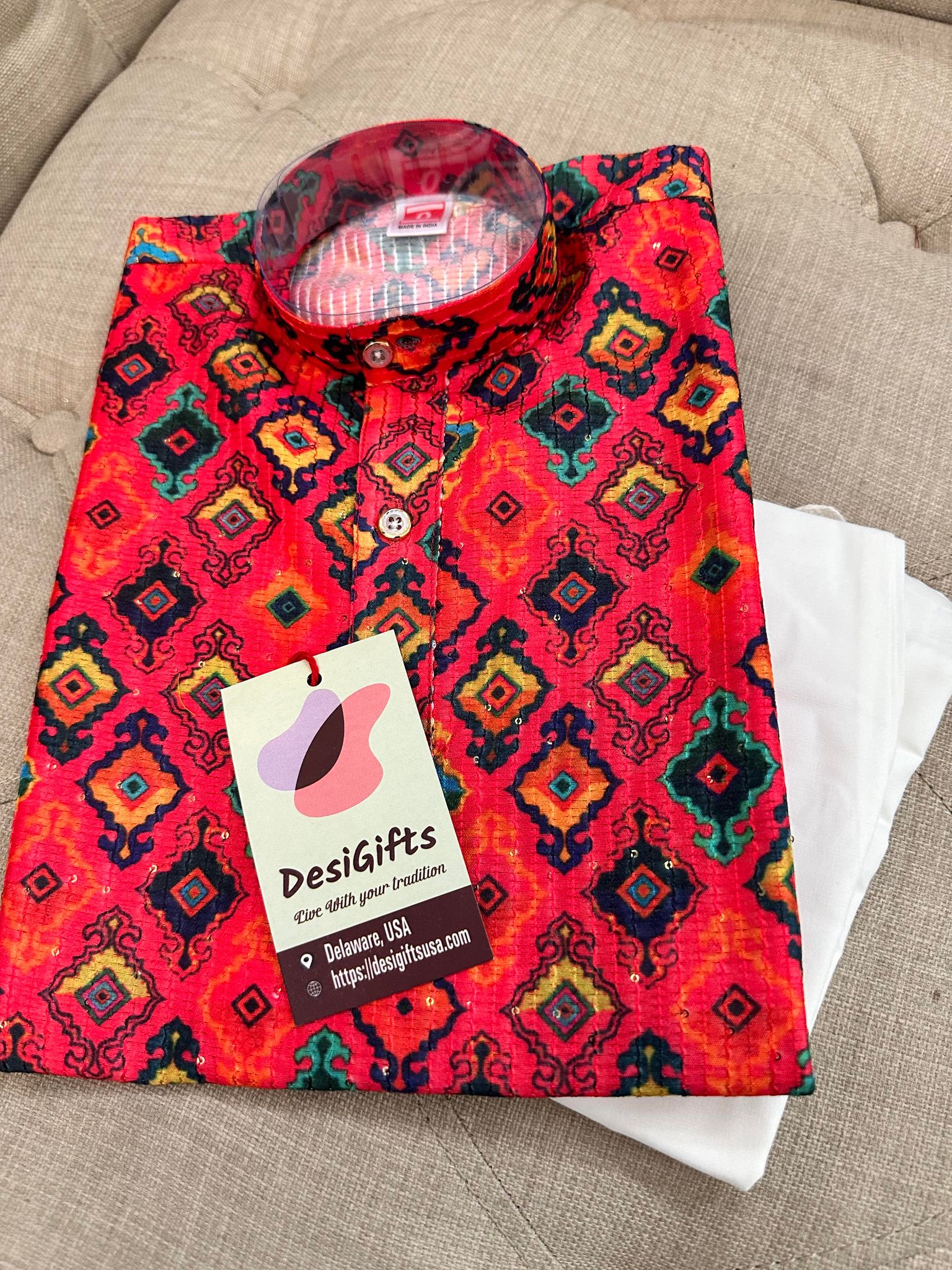 Red Shade Boy's Cotton Silk Designer Dress - Design BOY-1284