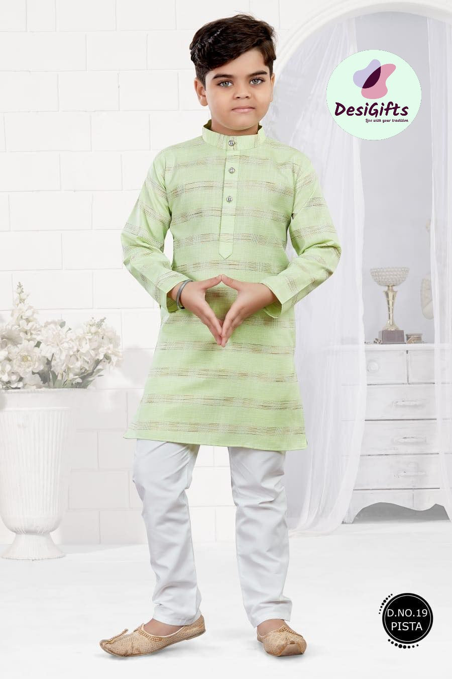 Pista Green Boy's Cotton Silk Designer Dress - Design BOY-1285