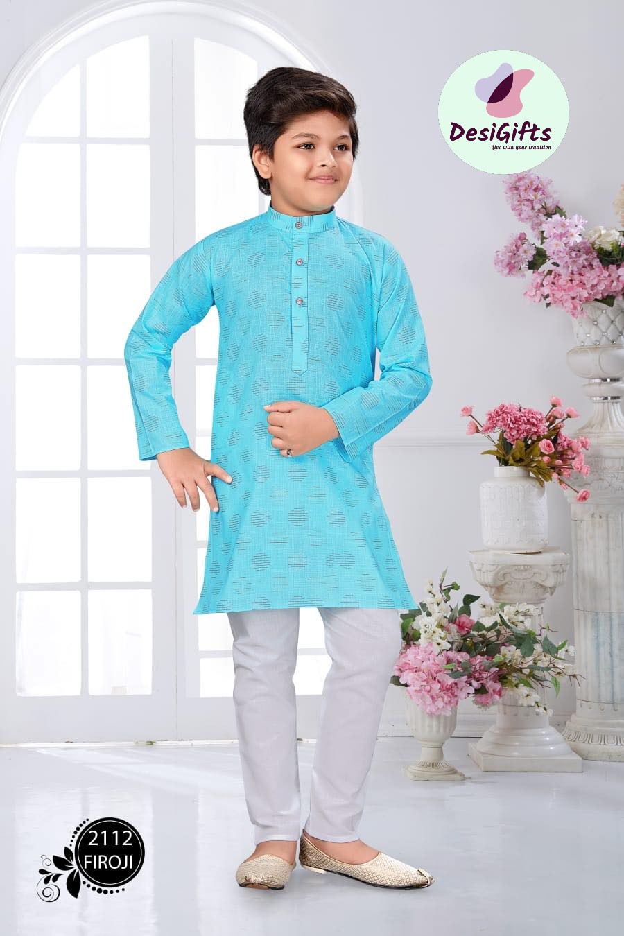 Skyblue Boy's Cotton Silk Designer Dress - Design BOY-1286