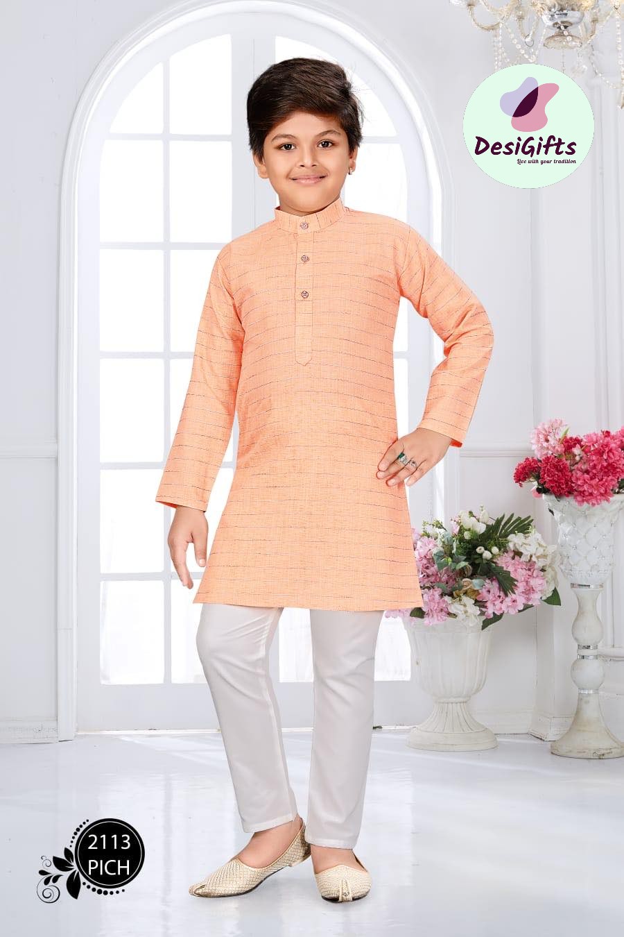 Peach Shade Boy's Cotton Silk Designer Dress - Design BOY-1287