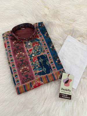 Maroon & Blue Multishade Boys’ Rayon with Sequins and Cotton Linen, Designer Dress with Print – BOY-2019