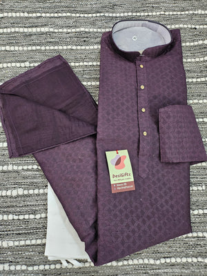 Dark Wine Shade Jacquard Silk 2 Piece Kurta Pajama Set, Father & Son's Outfit, DM -1302