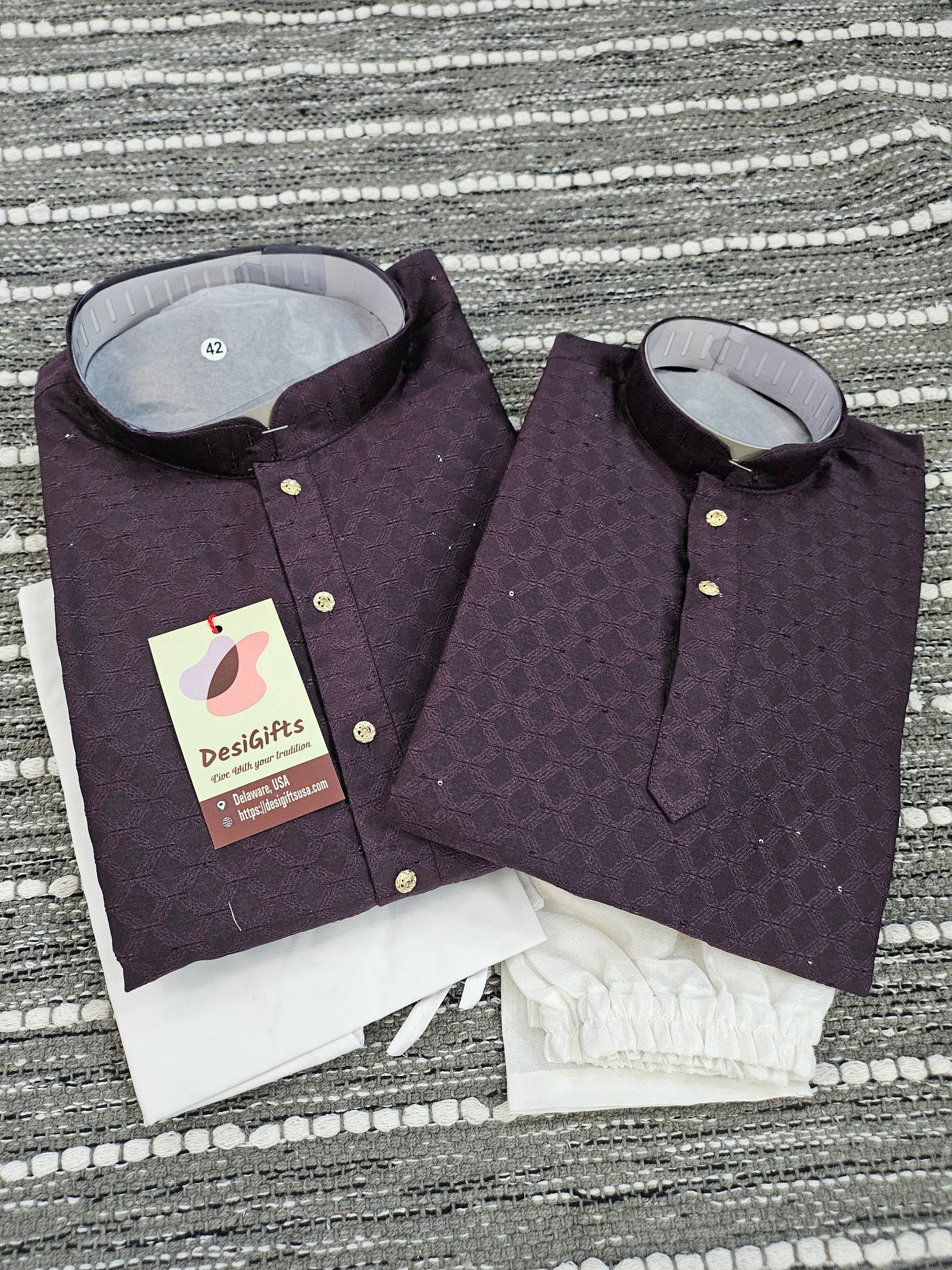 Dark Wine Shade Jacquard Silk 2 Piece Kurta Pajama Set, Father & Son's Outfit, DM -1302