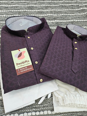 Dark Wine Shade Jacquard Silk 2 Piece Kurta Pajama Set, Father & Son's Outfit, DM -1302