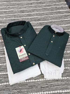 Pine Green Shade Jacquard Silk 2 Piece Kurta Pajama Set, Father & Son's Outfit, DM -1303