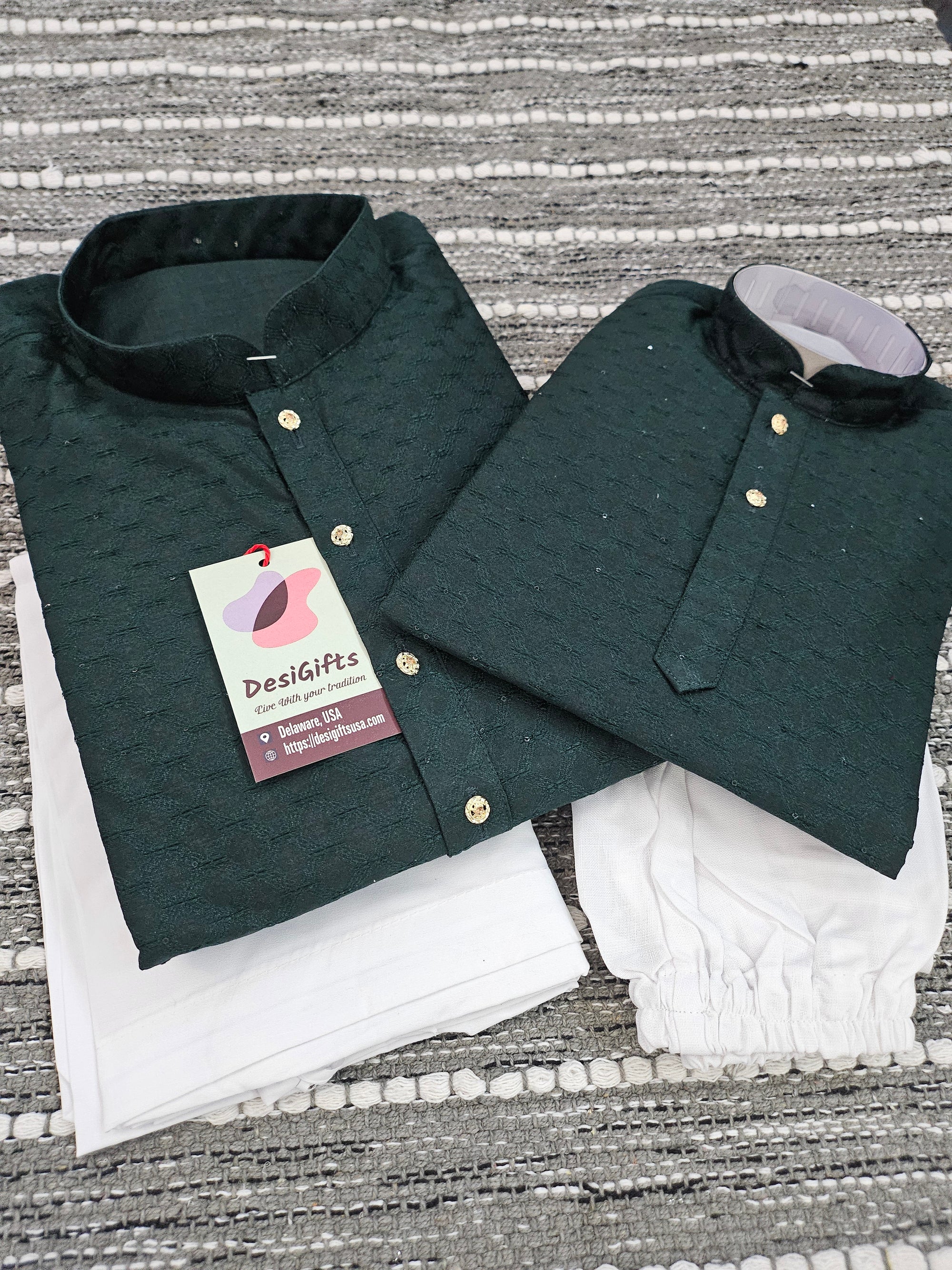 Pine Green Shade Jacquard Silk 2 Piece Kurta Pajama Set, Father & Son's Outfit, DM -1303