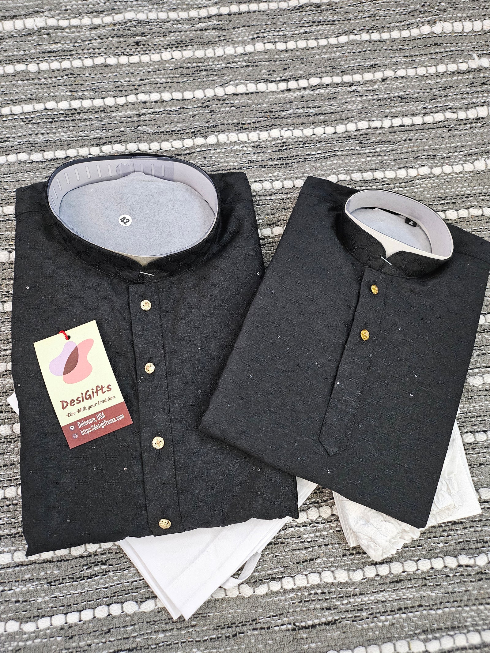 Black Shade Jacquard Silk 2 Piece Kurta Pajama Set, Father & Son's Outfit, DM -1304