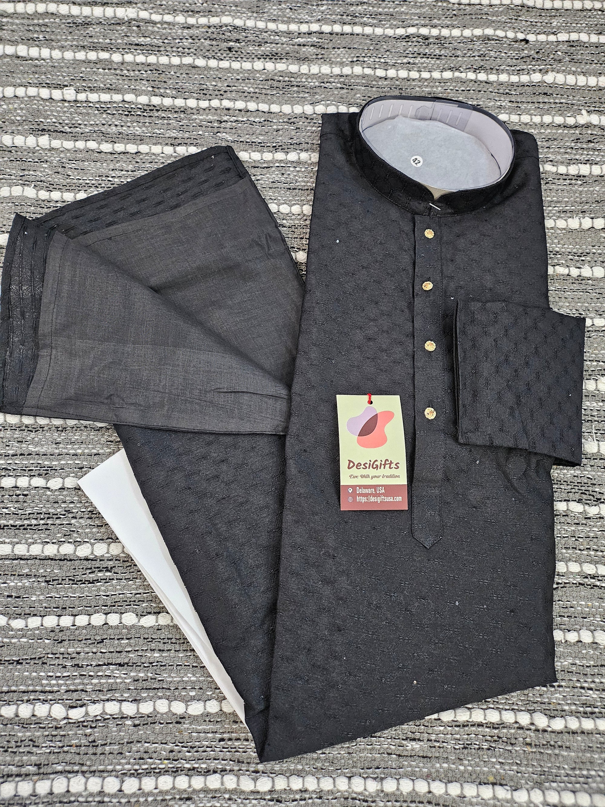 Black Shade Jacquard Silk 2 Piece Kurta Pajama Set, Father & Son's Outfit, DM -1304