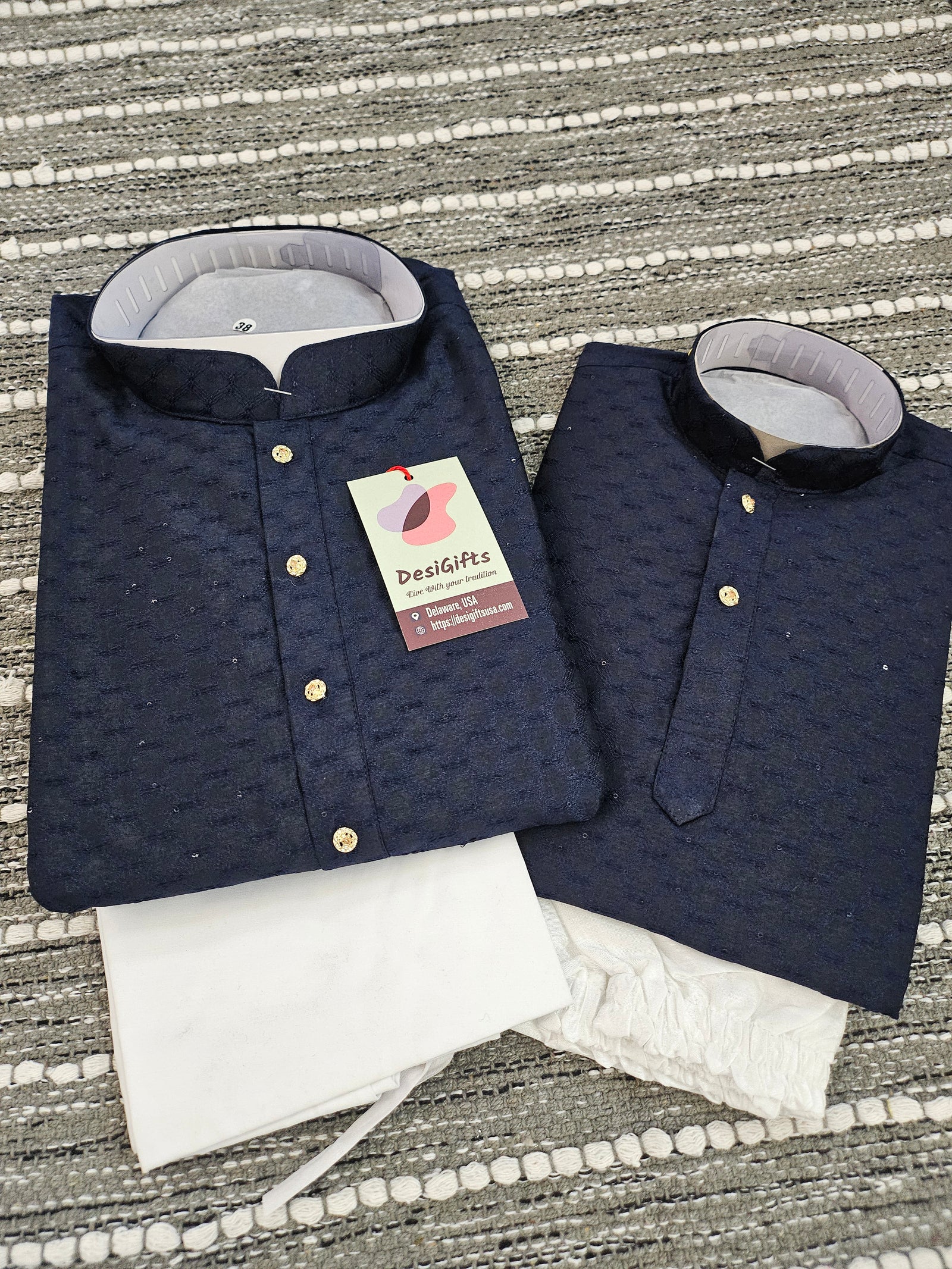Navy Shade Jacquard Silk 2 Piece Kurta Pajama Set, Father & Son's Outfit, DM -1305