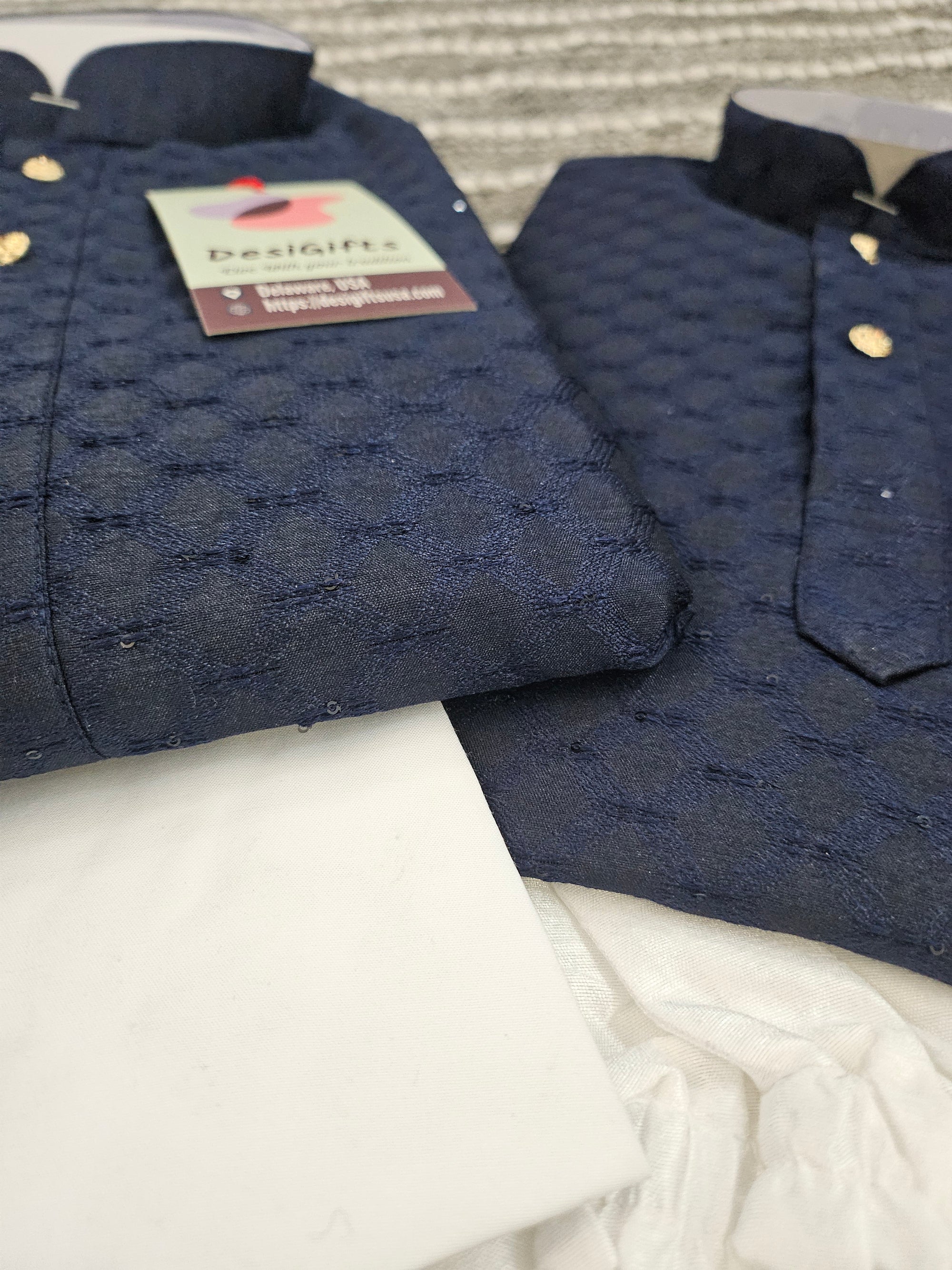 Navy Shade Jacquard Silk 2 Piece Kurta Pajama Set, Father & Son's Outfit, DM -1305