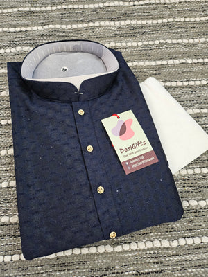 Navy Shade Jacquard Silk 2 Piece Kurta Pajama Set, Father & Son's Outfit, DM -1305