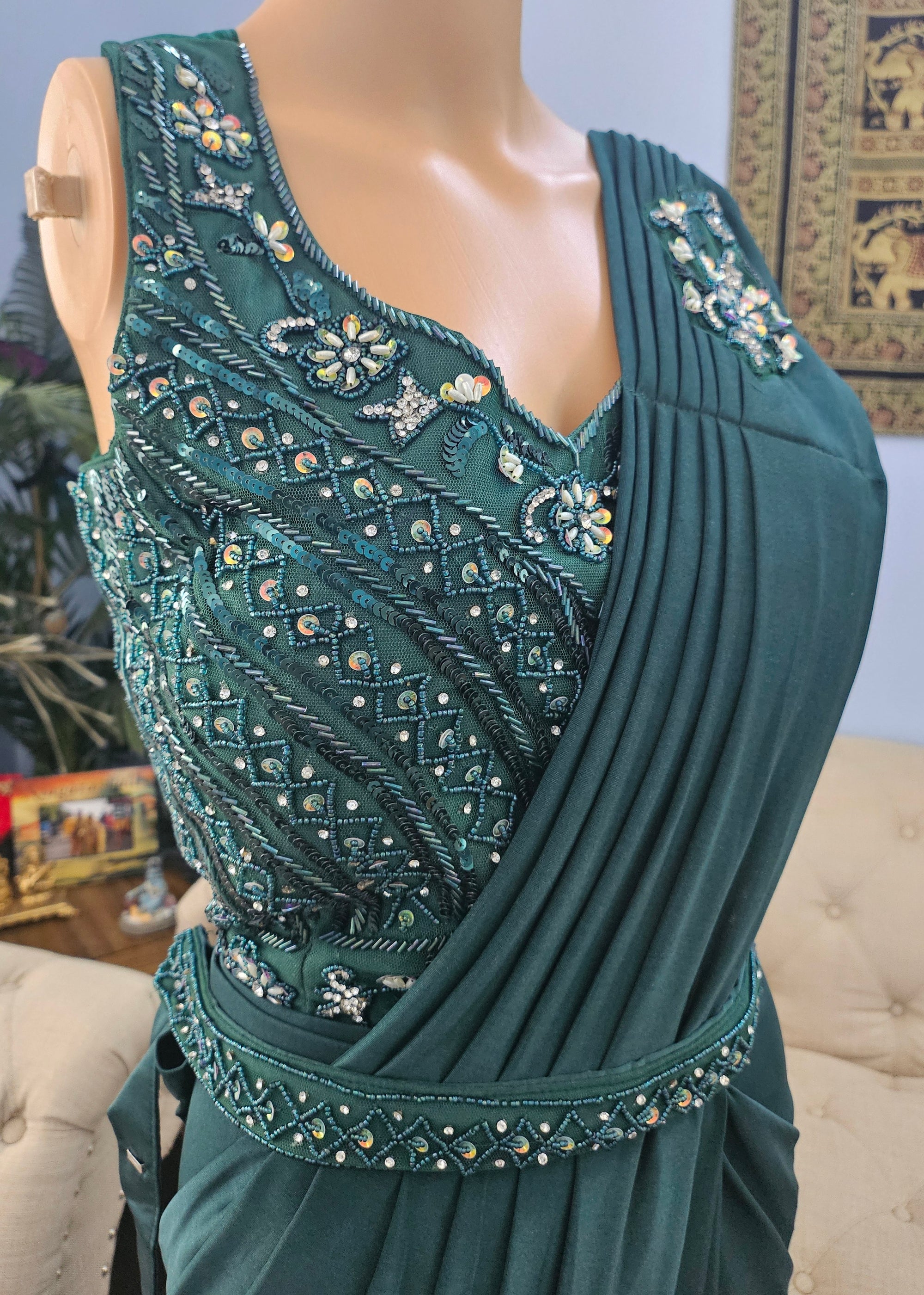 Exquisite Rama Green Shade Readymade Pre-Stitched Saree Blouse, Ready to wear Saree, Indian Ethnic Sari, GRL - 1312