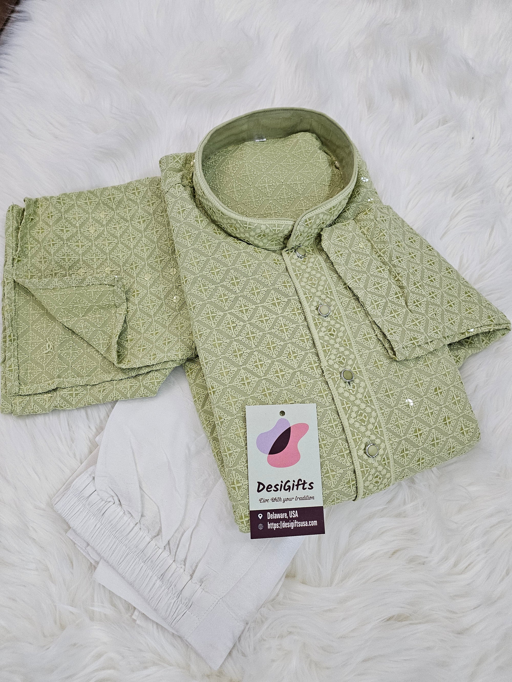 Sophisticated  Chikankari Sequins 2 Piece Kurta Pajama Set for Man, Sage Green Shade, Embroidered Party Man's Wear, KP - 1360