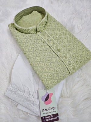 Sophisticated  Chikankari Sequins 2 Piece Kurta Pajama Set for Man, Sage Green Shade, Embroidered Party Man's Wear, KP - 1360