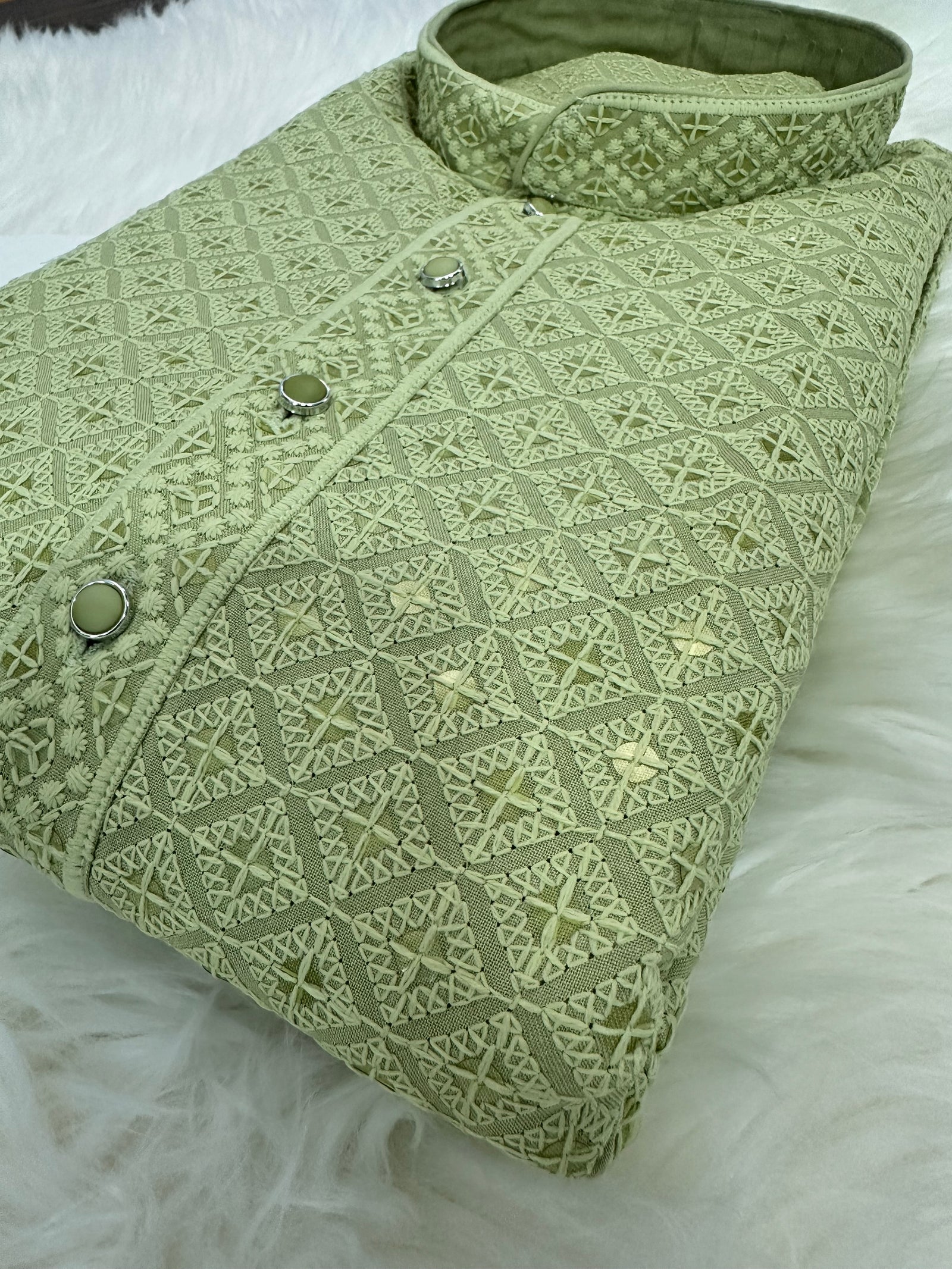 Size 46, Sophisticated  Chikankari Sequins 2 Piece Kurta Pajama Set for Man, Sage Green Shade, Embroidered Party Man's Wear, KP - 1360