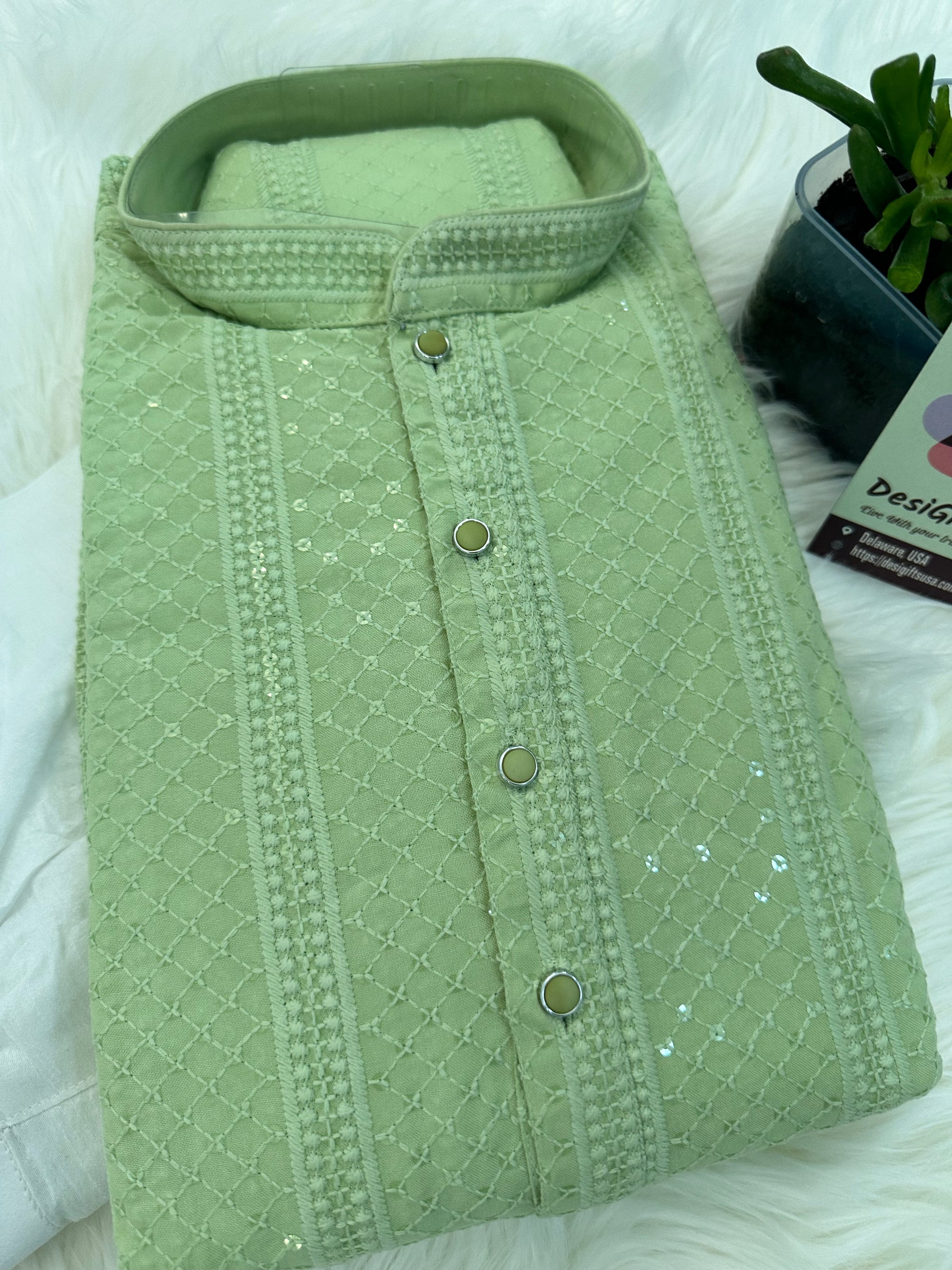 Exquisite Chikankari Sequins 2 Piece Kurta Pajama Set for Man, Pista Green Shade, Embroidered Party Man's Wear, KP - 1366