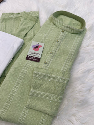 Exquisite Chikankari Sequins 2 Piece Kurta Pajama Set for Man, Pista Green Shade, Embroidered Party Man's Wear, KP - 1366