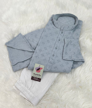 Well Crafted Chikankari Sequins 2 Piece Kurta Pajama Set for Man, Pastel Blue Shade, Embroidered Party Man's Wear, KP - 1368