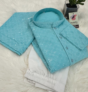 Pretty Chikankari Sequins 2 Piece Kurta Pajama Set for Man, Sky  Blue Shade, Embroidered Party Man's Wear, KP - 1370