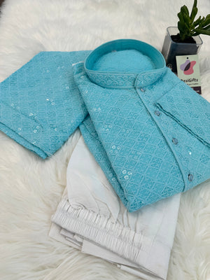 Pretty Chikankari Sequins 2 Piece Kurta Pajama Set for Man, Sky  Blue Shade, Embroidered Party Man's Wear, KP - 1370