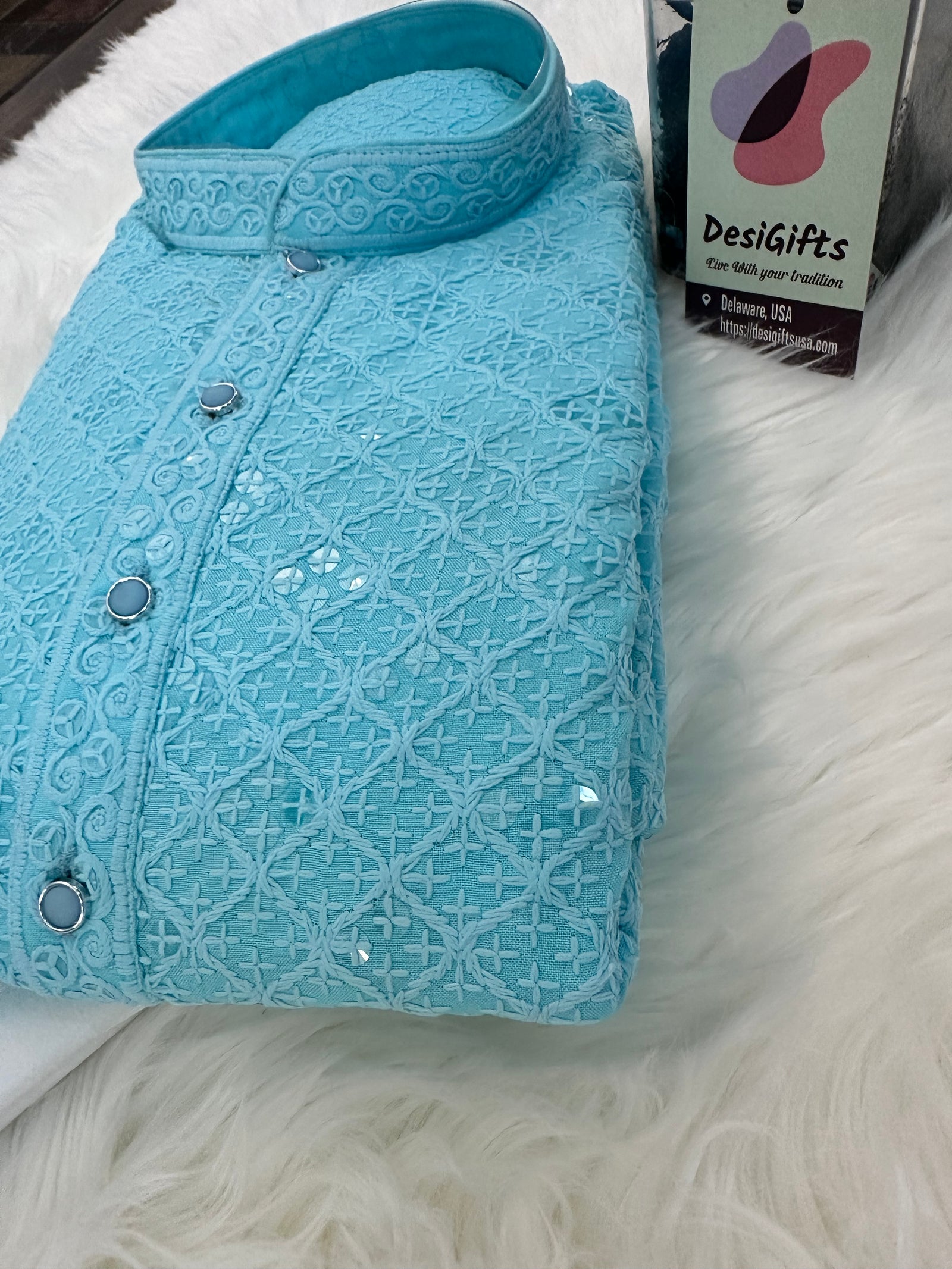 Size 38, Pretty Chikankari Sequins 2 Piece Kurta Pajama Set for Man, Sky  Blue Shade, Embroidered Party Man's Wear, KP - 1370