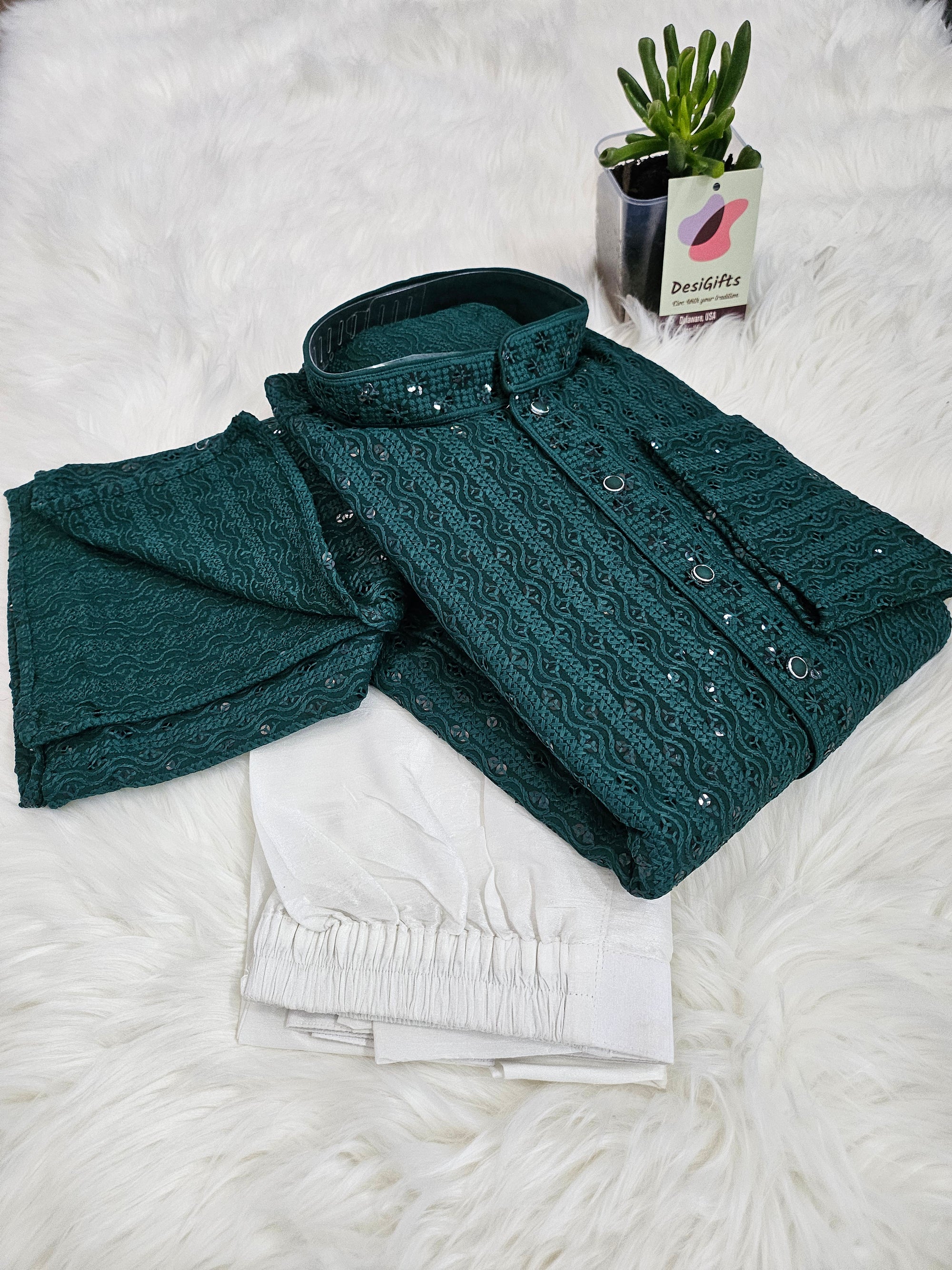 Pleasing Chikankari Sequins 2 Piece Kurta Pajama Set for Man, Pine Green Shade, Embroidered Men Party Wear, KP - 1371