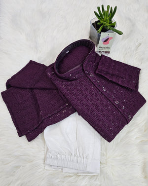 Charming Chikankari Sequins 2 Piece Kurta Pajama Set for Man, Plum Purple Shade, Embroidered Men Party Wear, KP - 1372