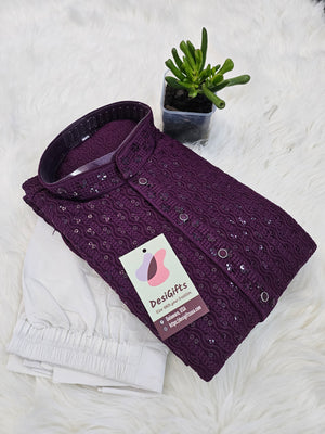 Charming Chikankari Sequins 2 Piece Kurta Pajama Set for Man, Plum Purple Shade, Embroidered Men Party Wear, KP - 1372