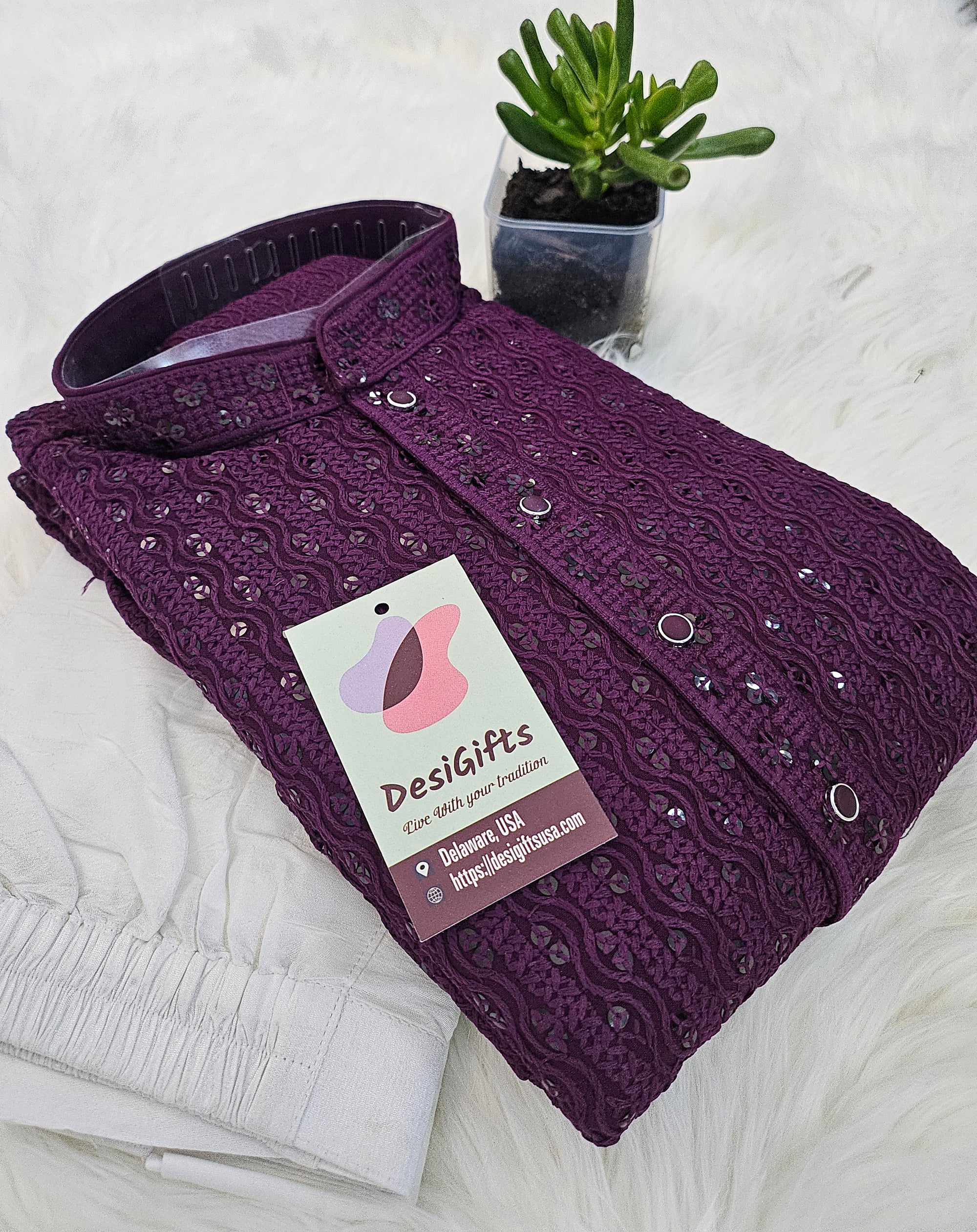 Charming Chikankari Sequins 2 Piece Kurta Pajama Set for Man, Plum Purple Shade, Embroidered Men Party Wear, KP - 1372