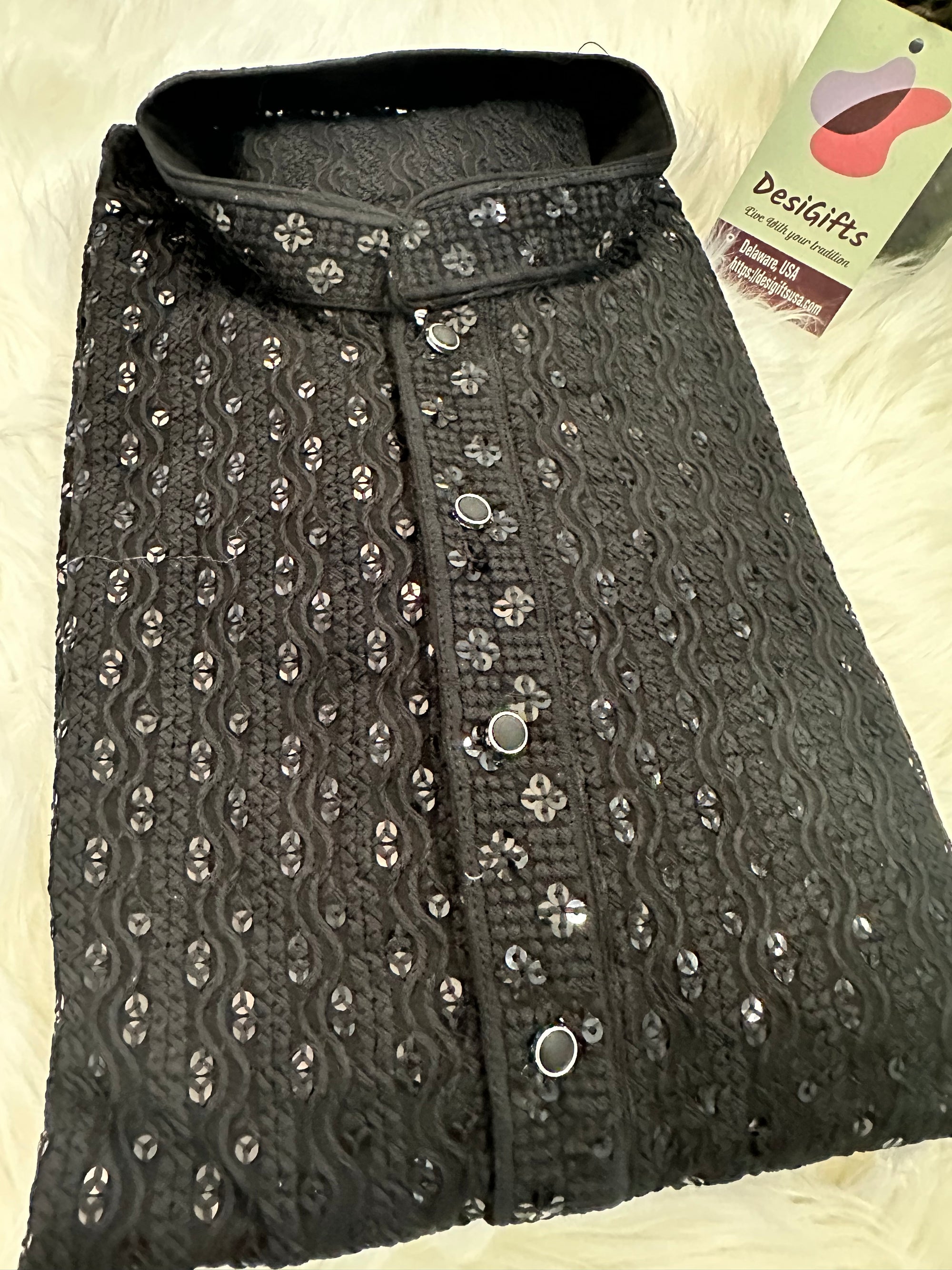 Appealing Chikankari Sequins 2 Piece Kurta Pajama Set for Man, Black Shade, Embroidered Men Party Wear, KP - 1373