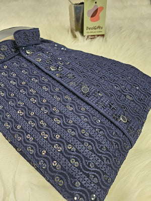 Alluring Chikankari Sequins 2 Piece Kurta Pajama Set for Man, Navy Shade, Embroidered Men Party Wear, KP - 1374