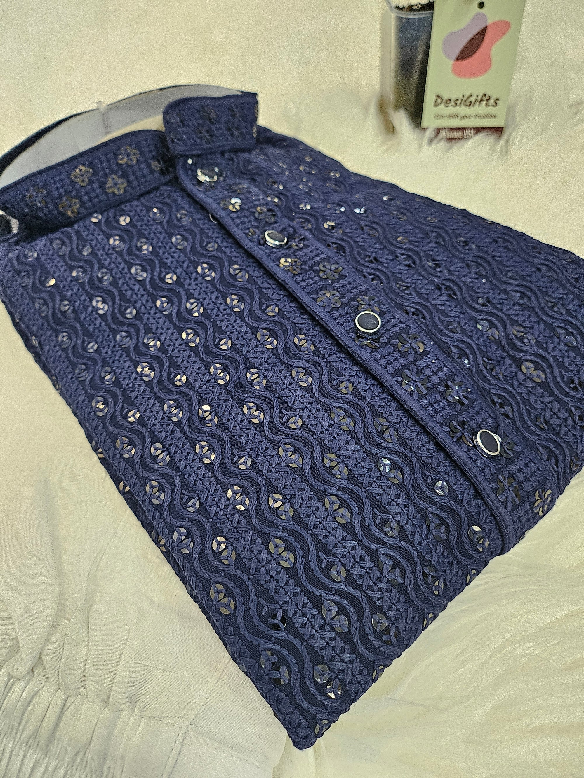 Alluring Chikankari Sequins 2 Piece Kurta Pajama Set for Man, Navy Shade, Embroidered Men Party Wear, KP - 1374