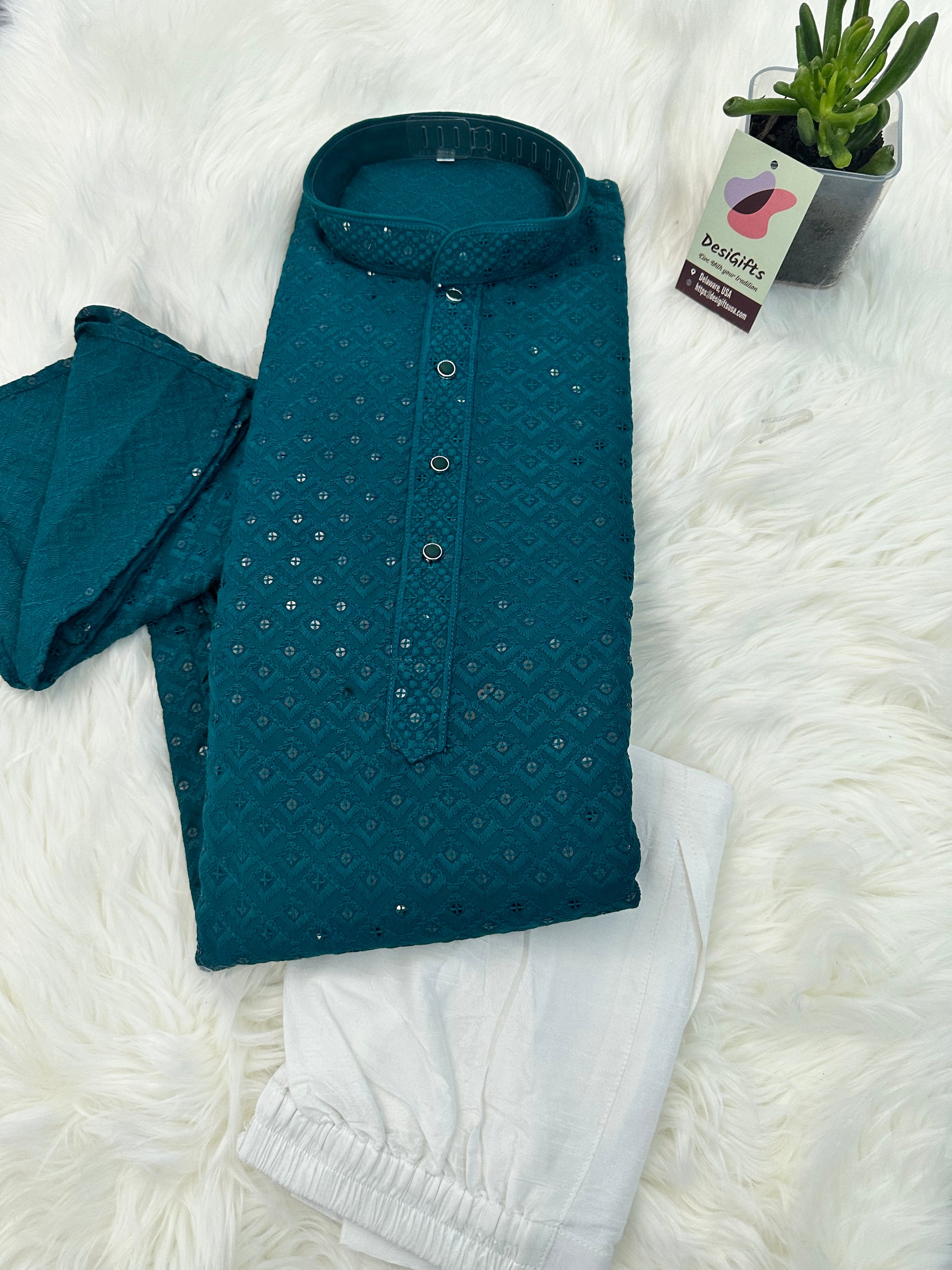 Poised Chikankari Sequins 2 Piece Kurta Pajama Set for Man, Crystal Teal Blue Shade, Embroidered Party Man's Wear, KP - 1375