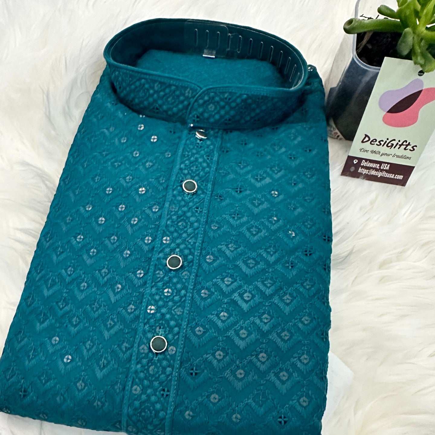 Size 38, Poised Chikankari Sequins 2 Piece Kurta Pajama Set for Man, Crystal Teal Blue Shade, Embroidered Party Man's Wear, KP - 1375