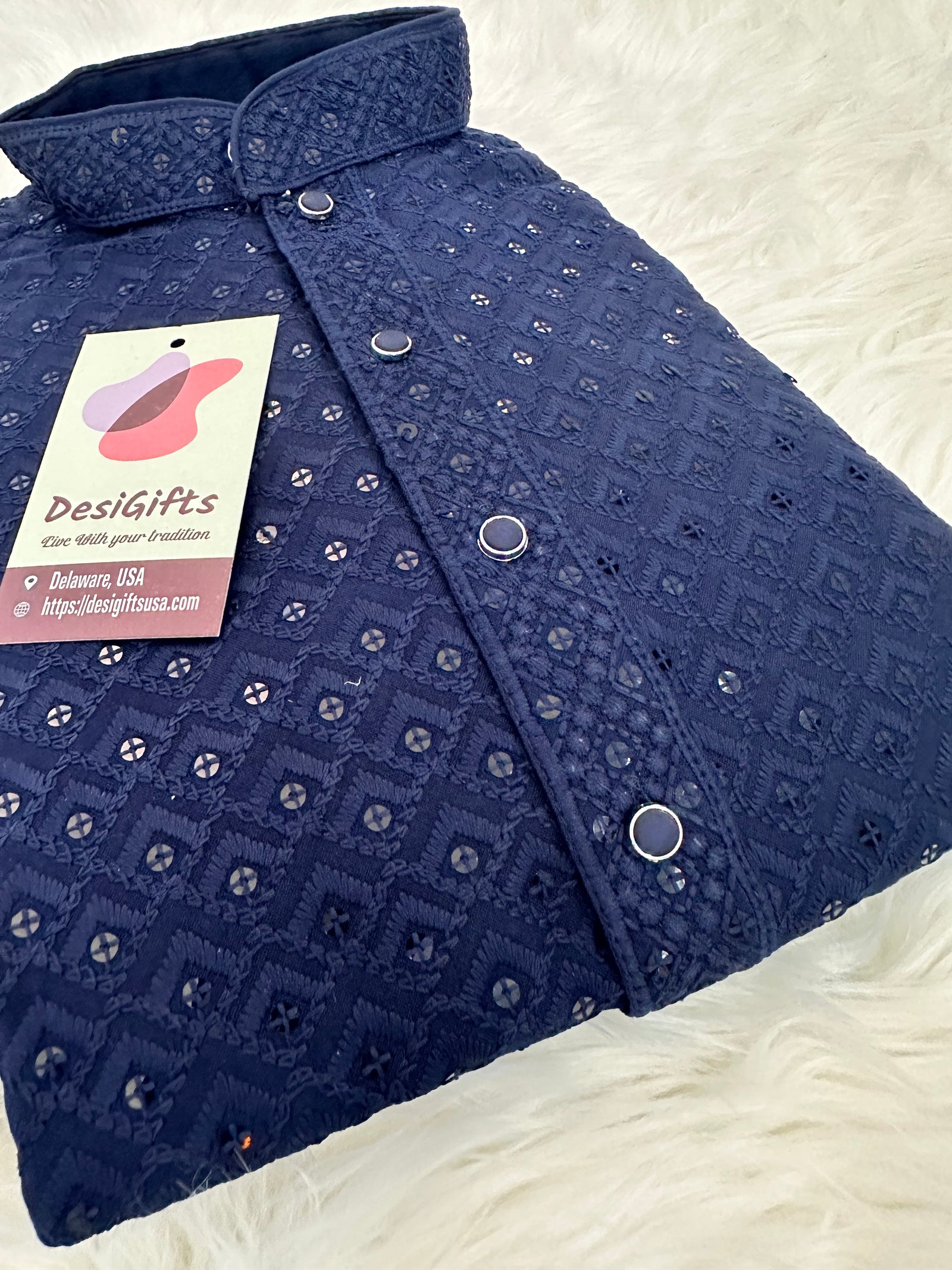 Size 48, Composed Chikankari Sequins 2 Piece Kurta Pajama Set for Man, Navy Blue Shade, Embroidered Party Man's Wear, Plus Size, KP - 1376