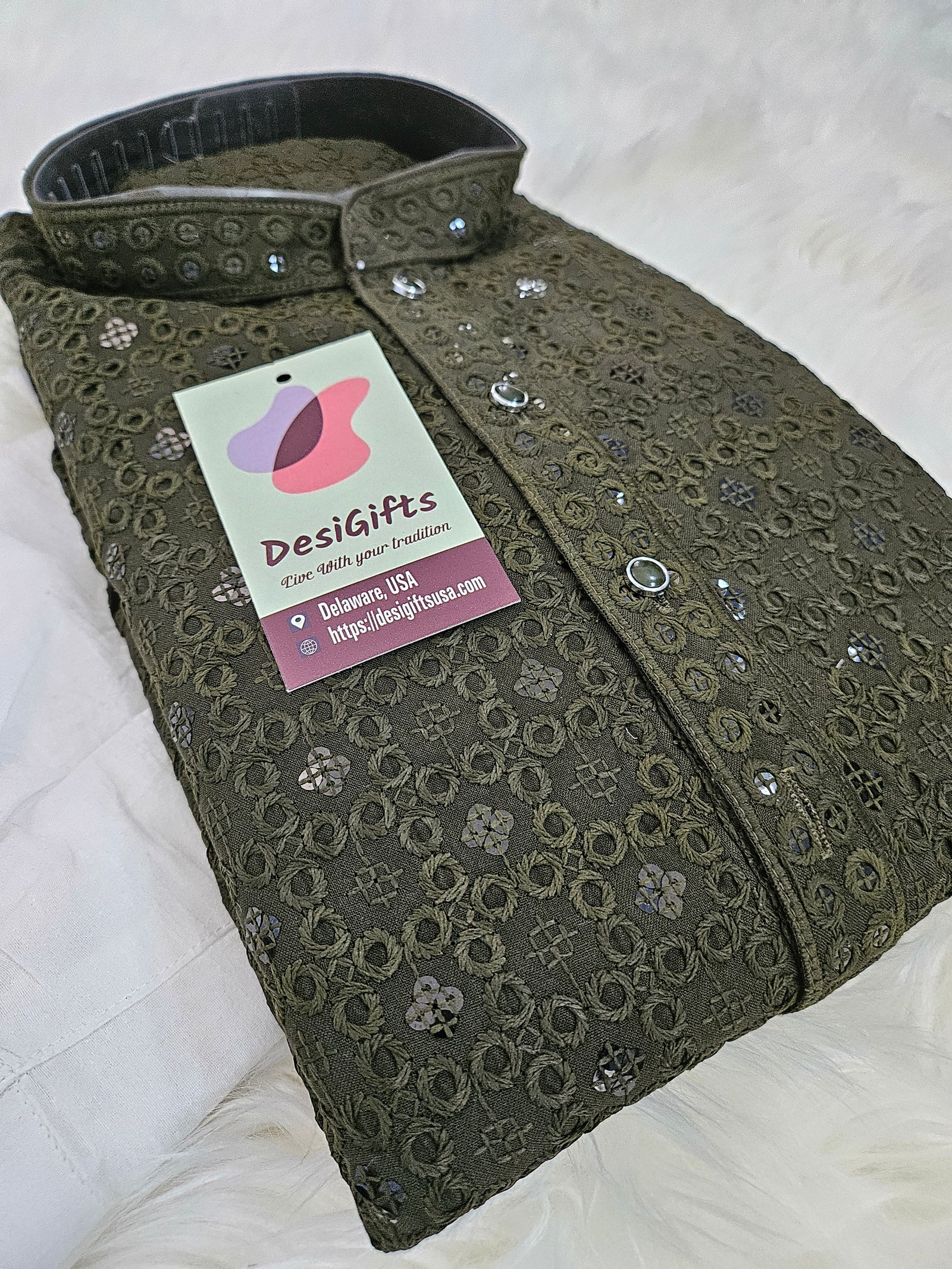 Size 46, Chikankari Sequins 2 Piece Kurta Pajama Set for Man, Henna Green Shade, Embroidered Party Man's Wear, KP - 1378