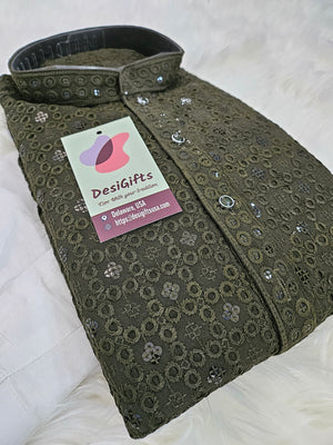 Chikankari Sequins 2 Piece Kurta Pajama Set for Man, Henna Green Shade, Embroidered Party Man's Wear, KP - 1378