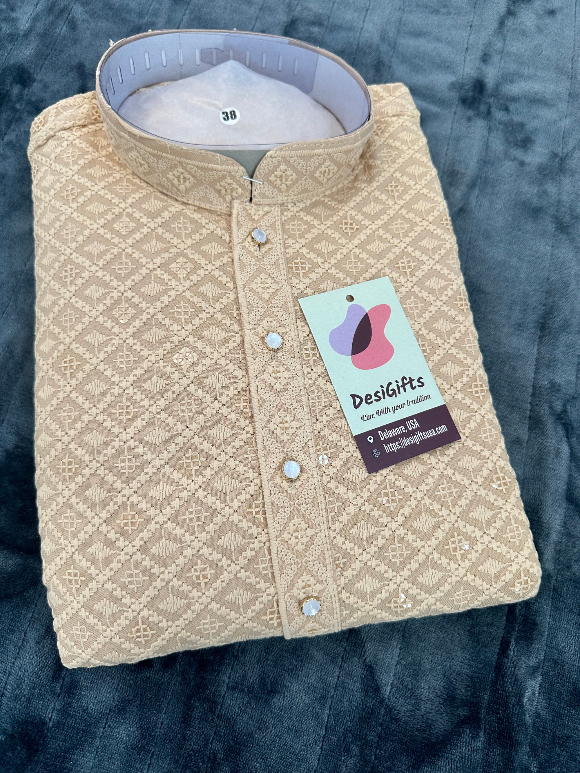 Eggnog/Beige Shade Chikankari Sequins 2 Piece Kurta Pajama Set for Man, Embroidered Partywear, KP - 1380