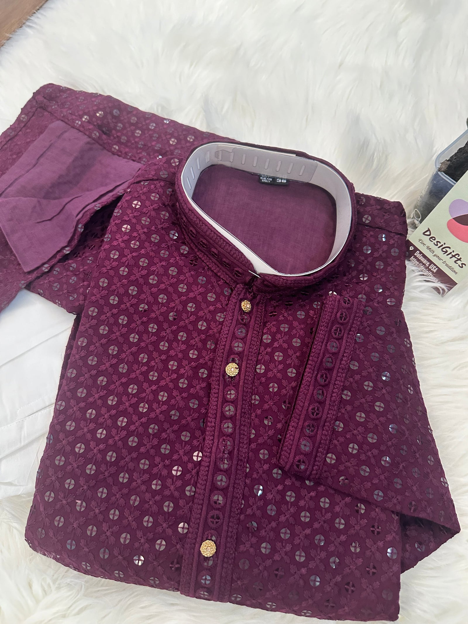 Size 46, Chikankari Sequins 2 Piece Kurta Pajama Set for Man, Plum Purple Shade with Linen, Embroidered Party Man's Wear, Plus Size, KP - 1381