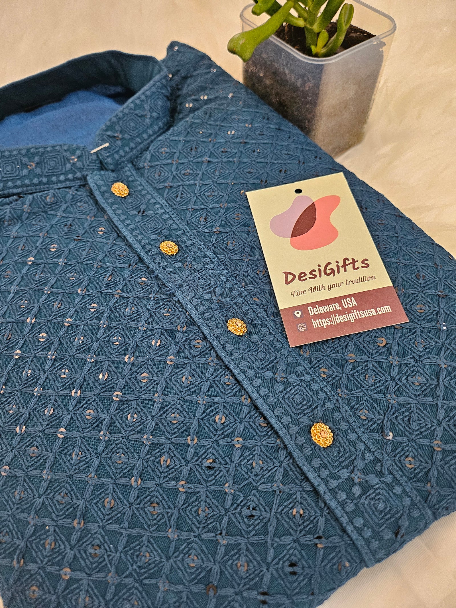 Size 46, Chikankari Sequins 2 Piece Kurta Pajama Set for Man, Aegean Blue Shade with Linen, Embroidered Party Man's Wear, Plus Size, KP - 1383