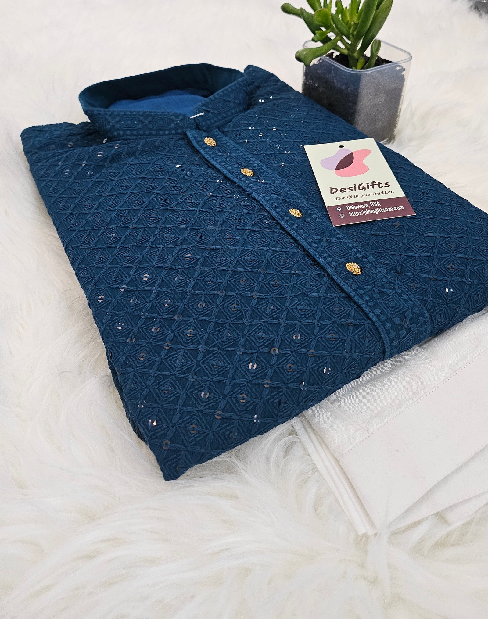 Size 46, Chikankari Sequins 2 Piece Kurta Pajama Set for Man, Aegean Blue Shade with Linen, Embroidered Party Man's Wear, Plus Size, KP - 1383